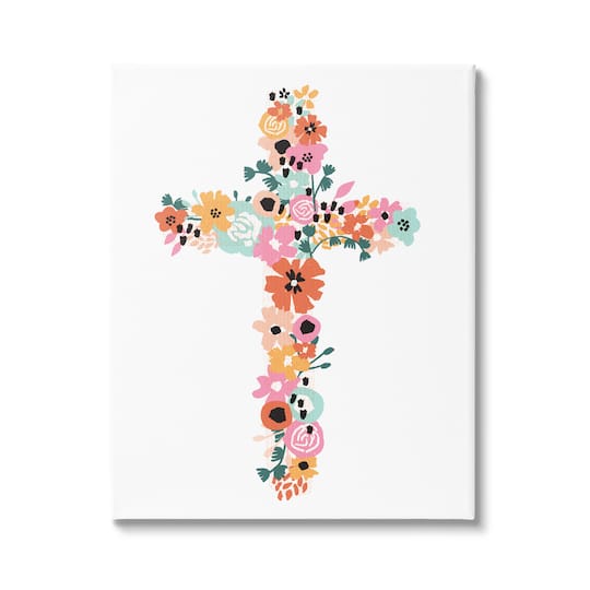 Stupell Industries Bold Flowers Cross Symbol Floral Arrangement Design Canvas Wall Art